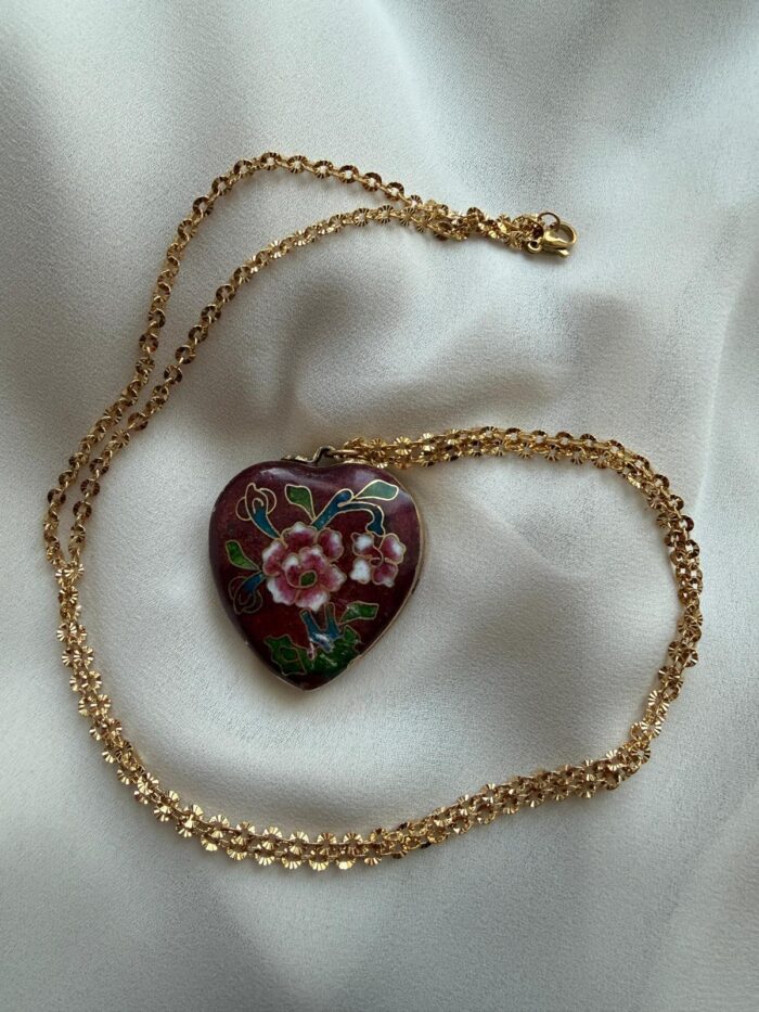 Collana con ciondolo scatolina cloisonnè ed. vintage 1920 - fiori rosa - immagine 2